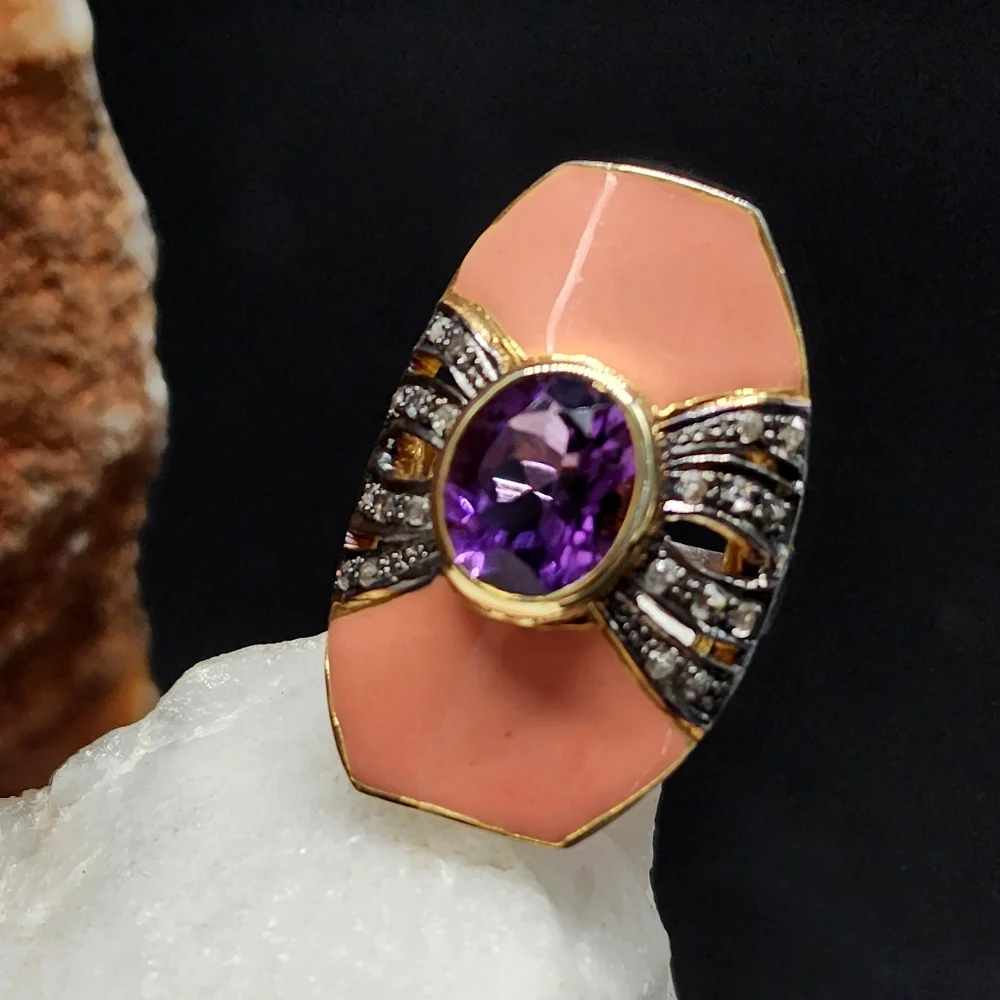 Sterling Silver 925/18k Gold Massive Ring Diamond Amethyst Gemstones